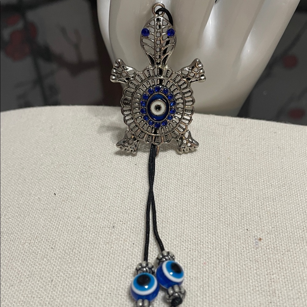 Silver Turtle Evil Eye Pendant Necklace - Blue Accent - Picture 6 of 6